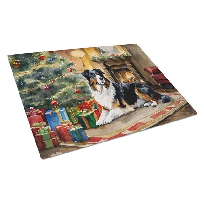 Australian Shepherd Cozy Christmas Glass Cutting Board Large 12 in x 15 in