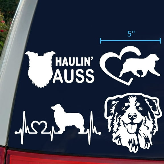 Australian Shepherd Decal 4 Pack: Haulin' Auss, Aussie Heartbeat, Australian Shepherd Heart, Detailed Aussie Face Decals