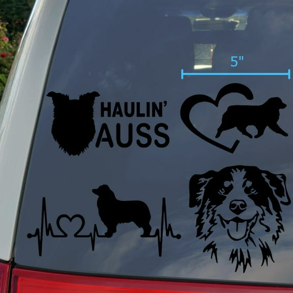 Australian Shepherd Decal 4 Pack: Haulin' Auss, Aussie Heartbeat, Australian Shepherd Heart, Detailed Aussie Face Decals