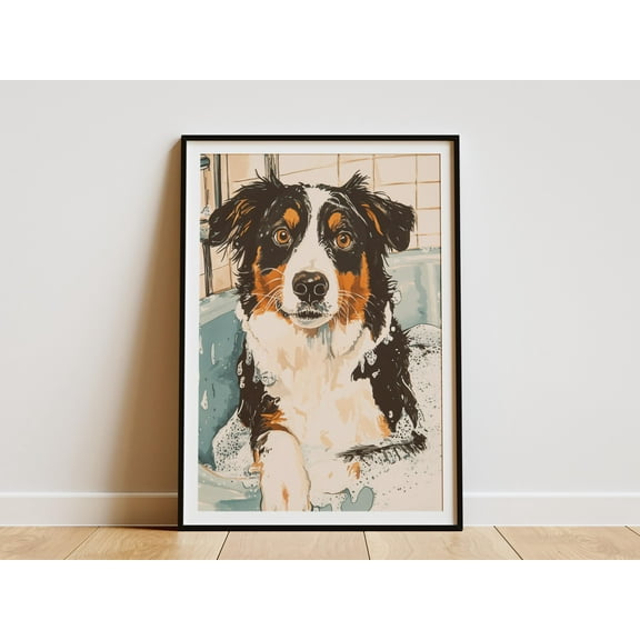 Australian Shepherd Dog Art Print Foamy Bathtub Poster Dog Lover Gift Bathroom Wall Decor Aussie Art Print Dog Portrait Pet Art - Poster Unframed