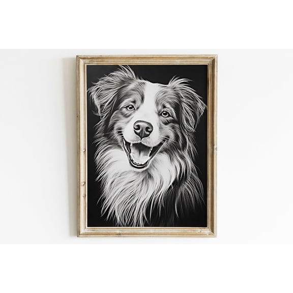 Australian Shepherd Dog Decor, Dog Line Art, Rustic Dog Decor, Aussie Owner Gift, Dark Wall Decor, Dog Portrait, Dog Drawing, Art Wall Art, Modern Wall Decor, 8x12 UNFRAMED