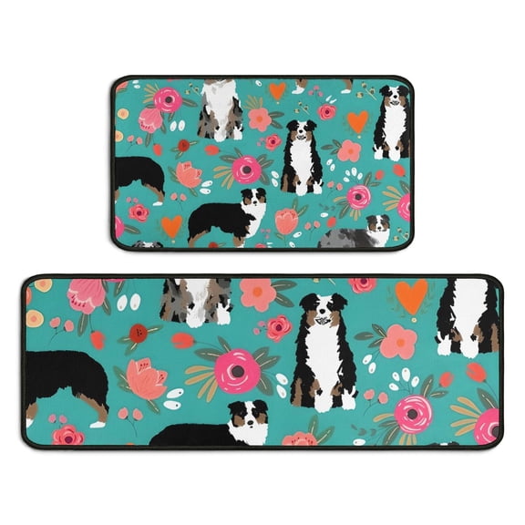 Australian Shepherd Dog and Flower Kitchen Rugs Sets Of 2,Anti Fatigue Kitchen Mat Rugs Non Slip Washable,Decorative Kitchen Floor Mats for Kitchen,Sink,Laundry,17"X30"+17"X47"