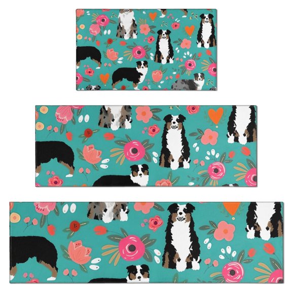 Australian Shepherd Dog and Flower Kitchen Rugs Sets Of 3,Kitchen Runner Rugs Non Skid Washable,Decorative Kitchen Floor Mats for Kitchen,Sink,Laundry,17"x30"+ 17"x47" + 17"x59"