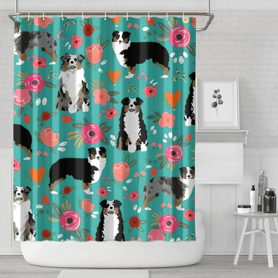 Australian Shepherd Dog and Flower Shower Curtain 72"x84" ,Bathroom Decorative Shower Curtains Set with 12 Hooks,Modern Waterproof Washable Shower Curtain