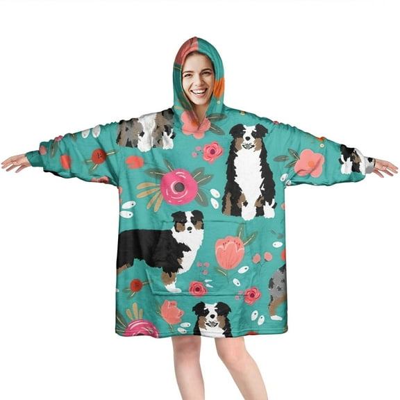 Australian Shepherd Dog and Flower Wearable Oversized Blanket,Wearable Blanket Hoodie for Adults,Cozy Hooded Blankets with Super Pockets,Super Warm Fuzzy Pullover for Women & Men