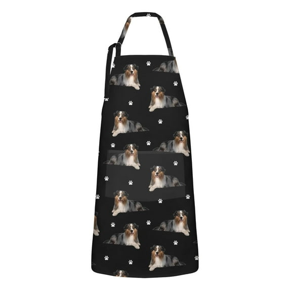 Australian Shepherd Dog and Footprints Apron-Garden Aprons for Women with Pockets-Cotton Linen Waterproof Kitchen Cooking Gardening Aprons Adjustable for Kitchen,Cooking,BBQ and Salon 33x27 Inch