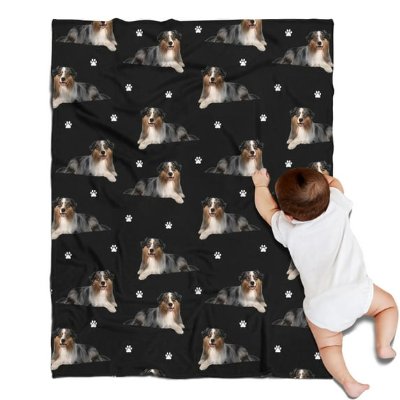 Australian Shepherd Dog and Footprints Blanket,Comfortable Soft Flannel Throw Blanket,All Season,Warm Lightweight Blankets for Sofa Bed Couch Living Room Chair,30"x40"(80x100cm)