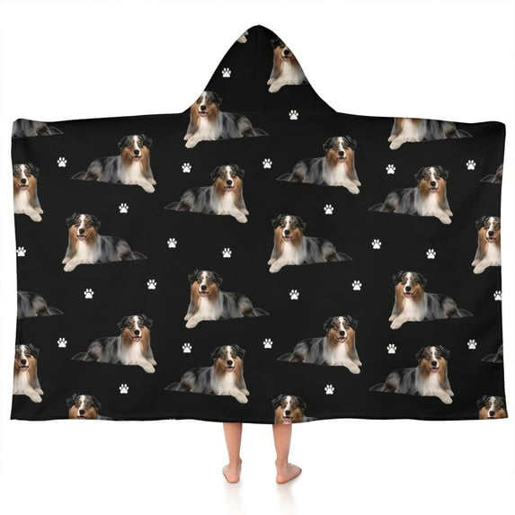 Australian Shepherd Dog and Footprints Hooded Bath Towel,50"x30" for Ages 3 To 12 Kids, Quick Dry Lightweight Soft Microfiber Hood Beach Towel Cover Up for Kids