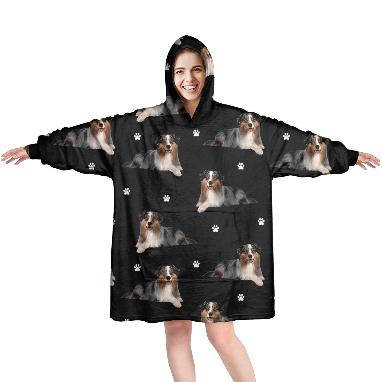 Australian Shepherd Dog and Footprints Wearable Oversized Blanket,Wearable Blanket Hoodie for Adults,Cozy Hooded Blankets with Super Pockets,Super Warm Fuzzy Pullover for Women & Men