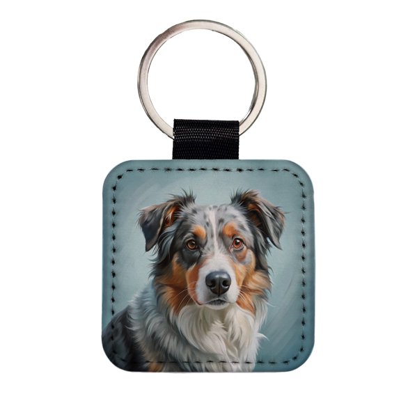 Australian Shepherd Dog Illustration Faux Leather Square Keychain