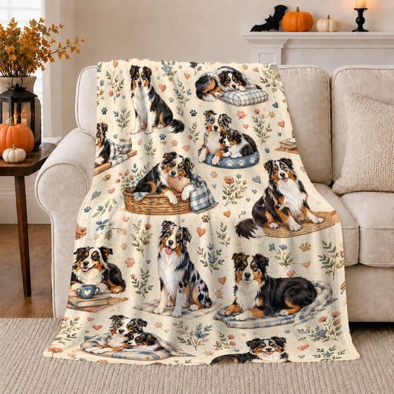 Australian Shepherd Dog Lover, Playful Pet Portrait Pattern, Warm Flannel Blanket for Living Room and Bedroom, Dog Lovers Thanksgiving Gift, Pet Lover Home Decor