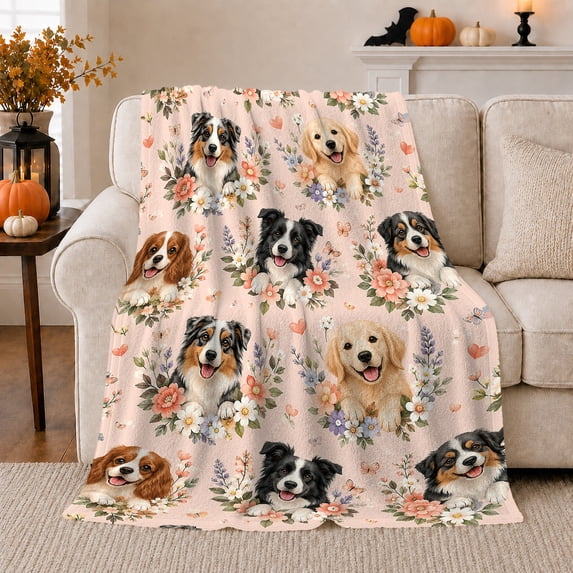 Australian Shepherd Dog Portrait Floral Wreath, Cozy Pet Portrait Pattern, Warm Flannel Blanket for Living Room and Reading Nook, Dog Lovers Friendship Gift, Pet Lover Home Decor