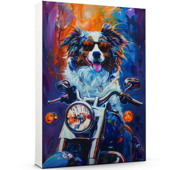 Australian Shepherd Dog Poster Riding A Motorcycle - Australian Shepherd Dog Canvas Wall Art For Bedroom Decor - Vintage Decor - Gifts For Dad