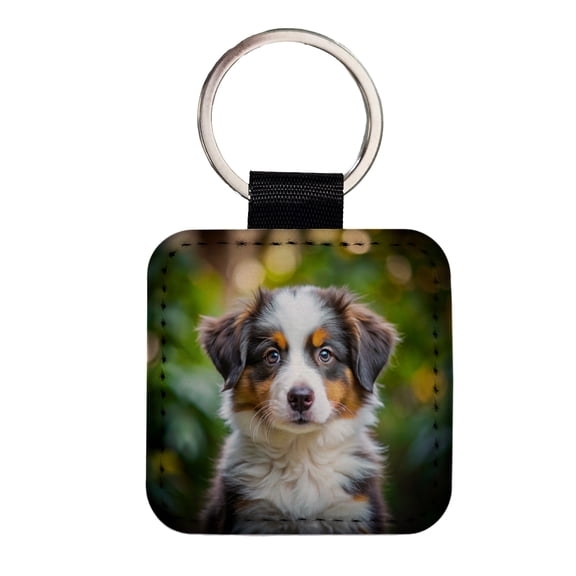 Australian Shepherd Dog Puppy Photo Faux Leather Square Keychain