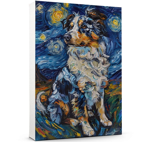 Australian Shepherd Dog Starry Night Canvas Wall Art Prints, Dog Art Canvas Painting Poster,Pet Canvas Painting Puppy Artwork 8x12 inches