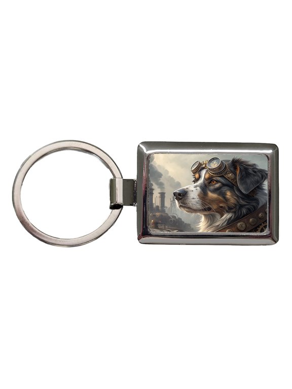 Australian Shepherd Dog Steampunk Metal Rectangle Keychain
