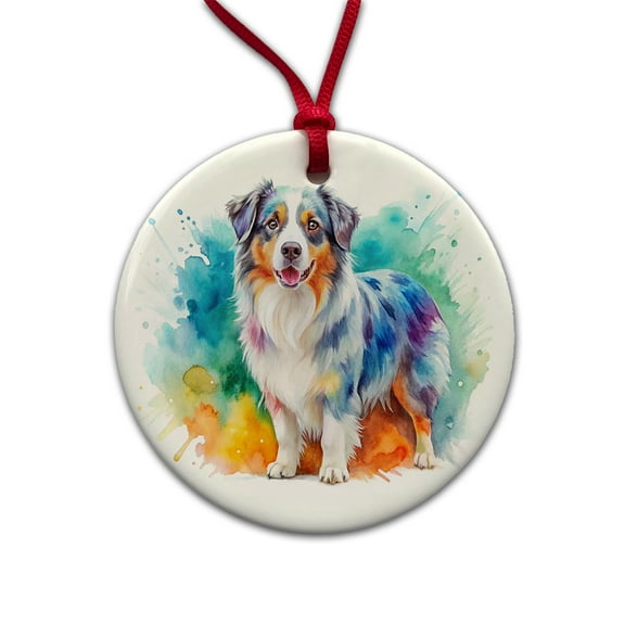 Australian Shepherd Dog Watercolor Style Christmas Tree Holiday Round Ceramic Ornament