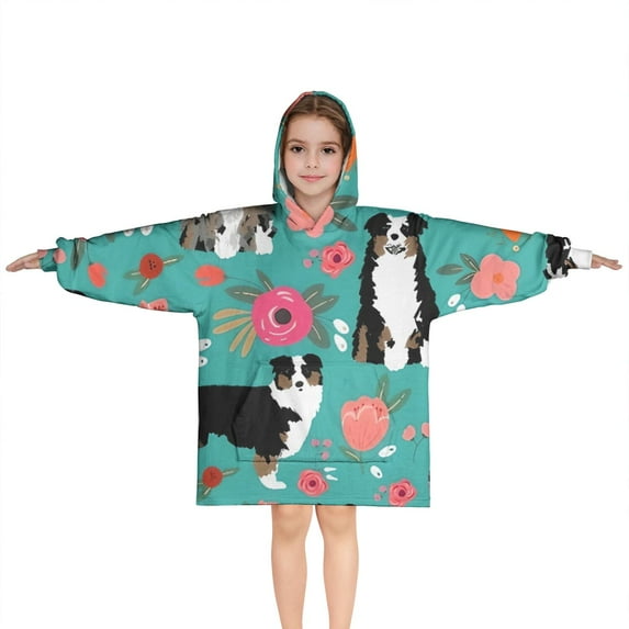Australian Shepherd Dog and Flower Blanket Hoodies for Kids 6-13YR Oversize Wearable Blanket Hoodies for Boys Girls Teens