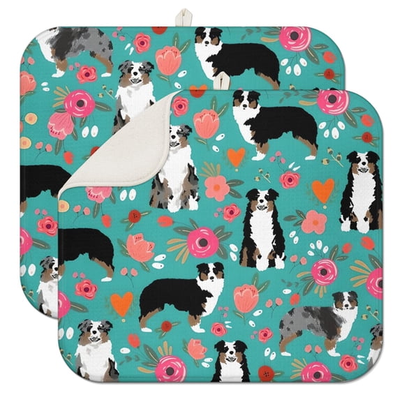 Australian Shepherd Dog and Flower Dish Drying Mat for Kitchen 1 Pack, Ultra Absorbent Microfiber Dishes Drainer Mats,16"x18"