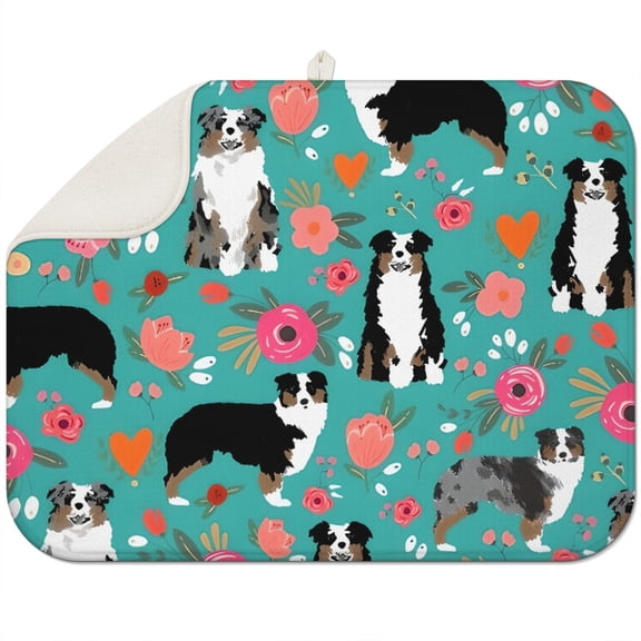 Australian Shepherd Dog and Flower Dish Drying Mat for Kitchen 1 Pack, Ultra Absorbent Microfiber Dishes Drainer Mats,18"x24"