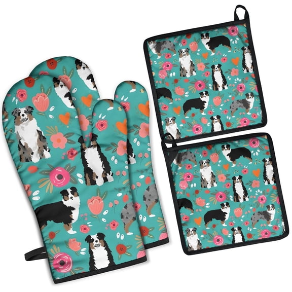 Australian Shepherd Dog and Flower Kitchen Oven Mitt and Pot Holder Sets 2 Pcs for Baking, Cooking and Grilling, Heat Resistant Up To 392 °F
