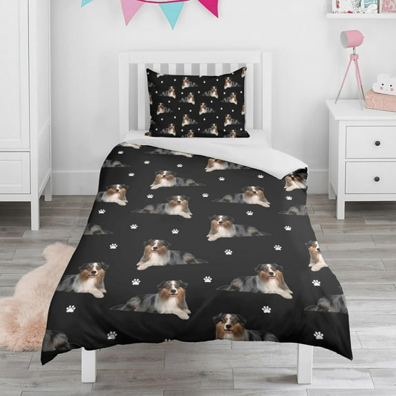 Australian Shepherd Dog and Footprints Duvet Cover and Pillowcase Set for Single Bedding, Bedroom Accessories for Kids Teens