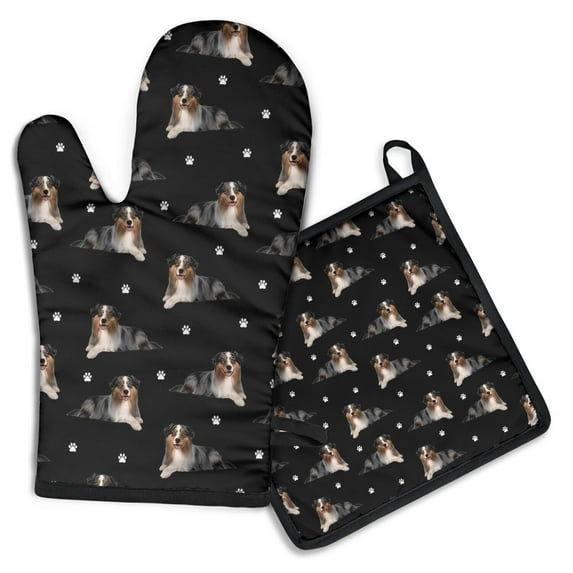 Australian Shepherd Dog and Footprints Kitchen Oven Mitt and Pot Holder Sets 2 Pcs for Baking, Cooking and Grilling, Heat Resistant Up To 392 °F