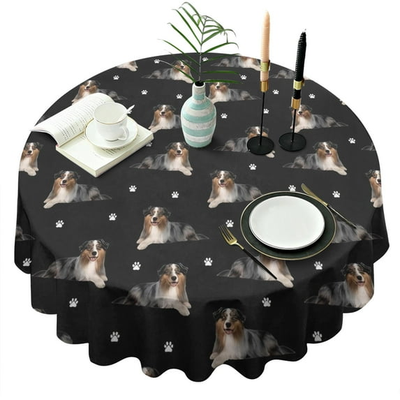 Australian Shepherd Dog and Footprints Round Tablecloth 60"x60",Wrinkle Wipeable Table Cloth for Kitchen Dining Room Picnic Patio Party