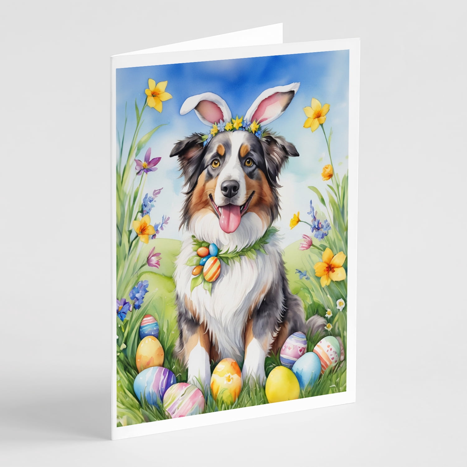 Australian Shepherd Easter Egg Hunt Greeting Cards Pack of 8 7 in x 5 in