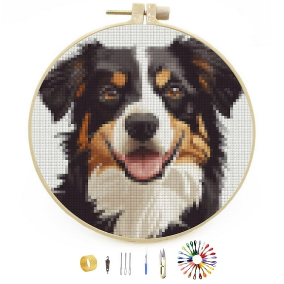 Australian Shepherd Easy Stamped Cross Stitch Kits for Beginners with Hoop Simple Patterns 11CT Counted Embroidery Needlepoint Crafts Arts for DIY Enthusiasts and Home Decor 26x26cm