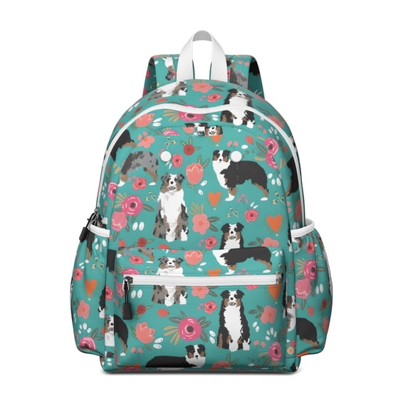 Australian Shepherd Floral Backpack for School,Cute School Bag,Schoolbag with Adjustable Shoulder Straps & Padded Back,13.4"x11"x4.7"