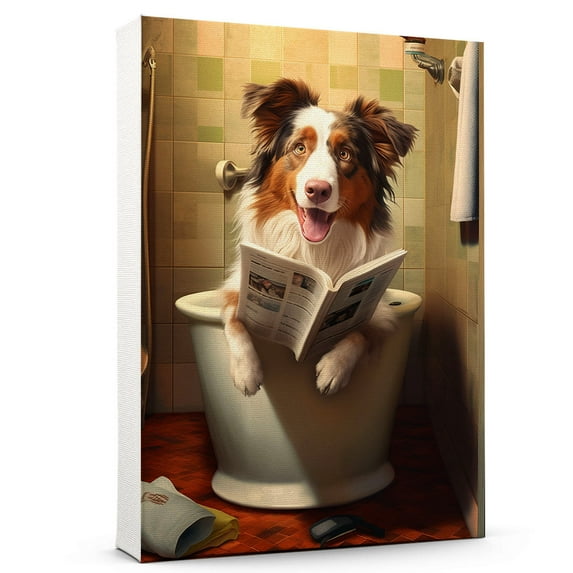 Australian Shepherd Gift Wall Art, Cute Dog Sitting on The Toilet Reading a Newspaper Bathroom Poster for Dog Lover, Humor Animals Bathroom Canvas Prints, Bathroom Wall Decor
