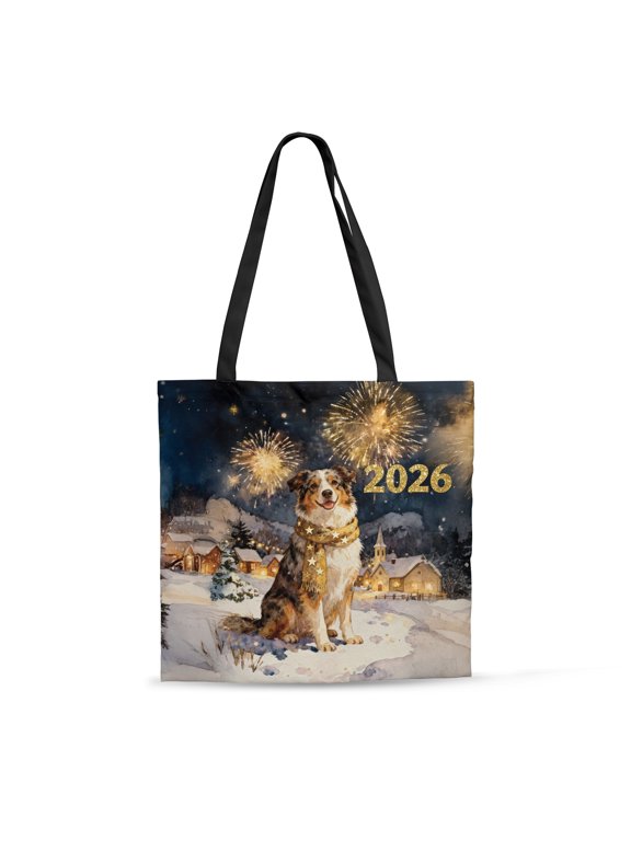 Australian Shepherd Happy New Year 2026 with Fireworks on New Year's Eve All Over Print 3D Canvas Tote Bag Aussie Dog Lover Gifts Reusable Handbag - 12022