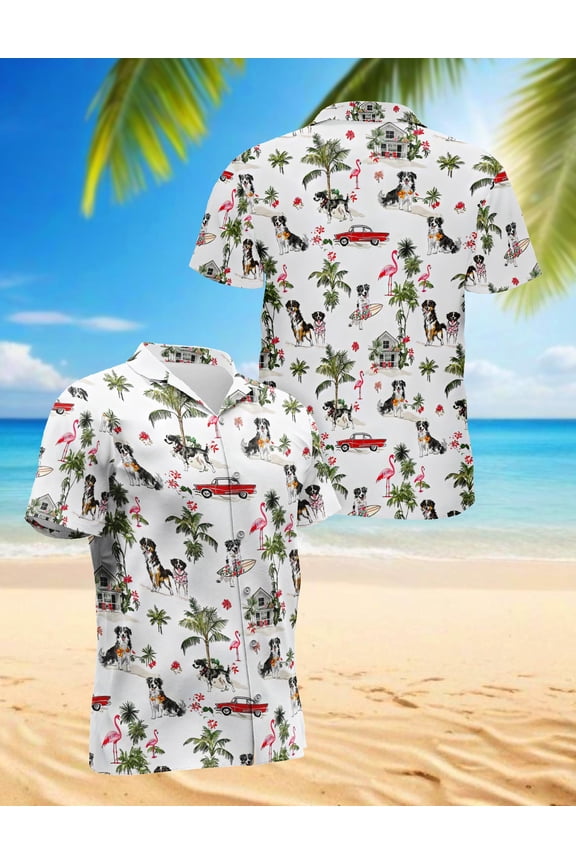 Australian Shepherd Hawaiian Shirt for Men, Tropical Style, Button Down Summer Beach Short Sleeve, S-5XL
