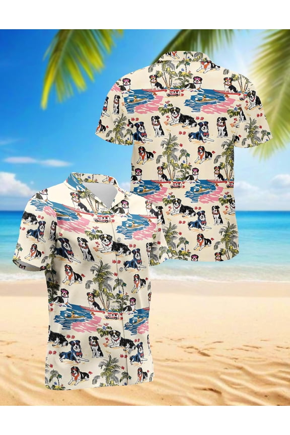 Australian Shepherd Hawaiian Shirt for Men, Tropical Style, Button Down Summer Beach Short Sleeve, S-5XL