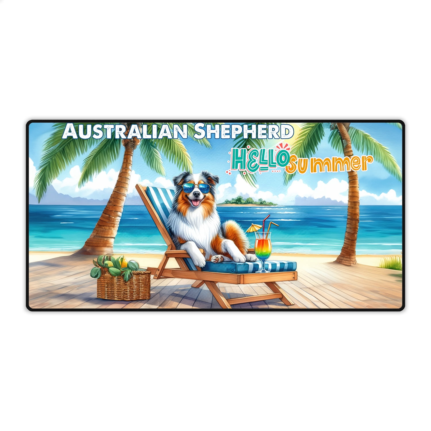 Australian Shepherd Hello Summer Beach Theme with Sunglasses and ...