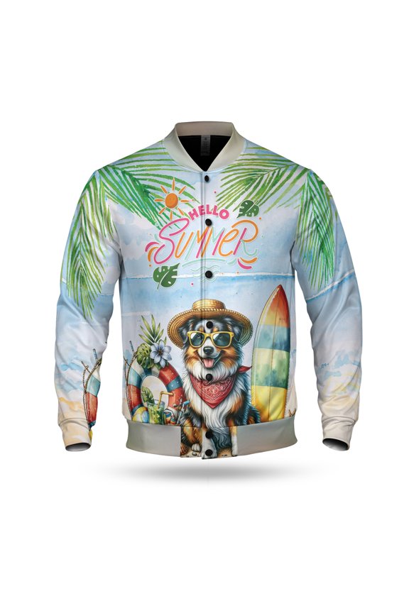 Australian Shepherd Hello Summer with Sunglasses and Surfboard Tropical Vibes All Over Print 3D Baseball Jacket Aussie Dog Lover Gifts Bomber Jacket Softball - 00007