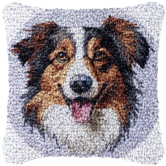 Australian Shepherd Latch Hook kits Pillow Color Printed Canvas Cushion Crochet Yarn Needlework Hook Latch Kit DIY Embroidery Pillowcase Rug Cover Home Sofa Christmas Decor 43x43cm(2)