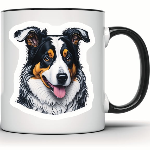 Australian Shepherd Mug, Cute Aussie Dog Lover Gift, Dog Breed Coffee Mug, Pet Lover Art Mug, Animal Portrait Mug - 11 Ounce Black Rim Handle Novelty Coffee Cup - WMUG0603-Black Rim