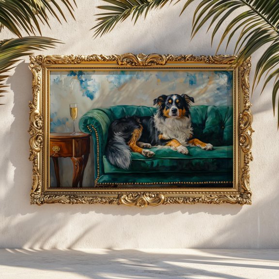 Australian Shepherd On Green Sofa Print Dog Portrait Wall Art Deep Emerald Home Decor Office Wall Art