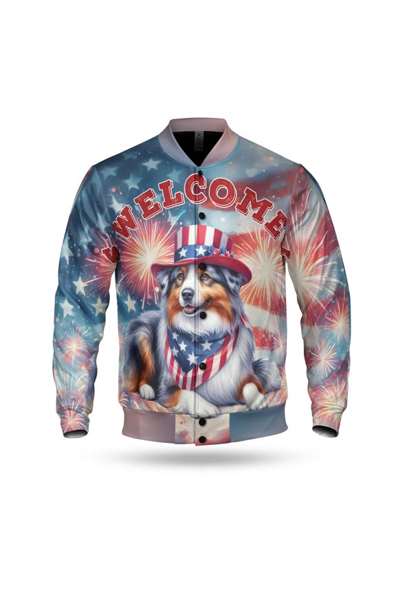 Australian Shepherd Patriotic Welcome for 4Th of July Independence Day All Over Print 3D Baseball Jacket Aussie Dog Lover Gifts Bomber Jacket Softball - 00010