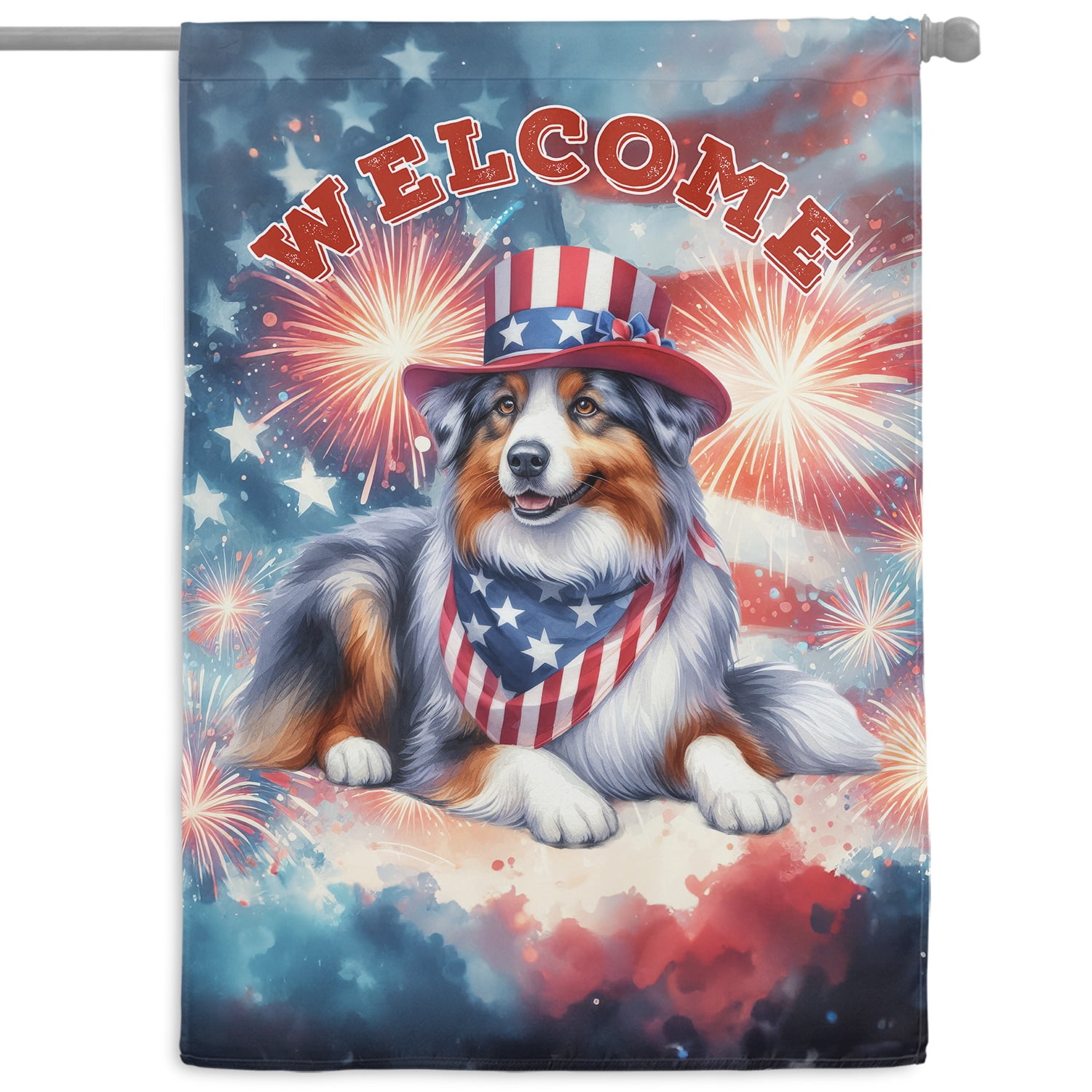Australian Shepherd Patriotic Welcome for 4Th of July Independence Day House Flag 28x40in Double Sided Aussie Dog Lover Gifts Outdoor Decor - 00010