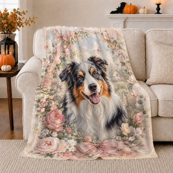 Australian Shepherd Pink Flower Garden Painting, Festive Pet Portrait Pattern, Warm Flannel Blanket for Living Room and Bedroom, Dog Lovers Christmas Gift, Pet Lover Home Decor