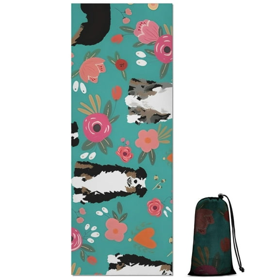 Australian Shepherd Pioneer Flower Hot Yoga Mat Towel Non Slip for Hot Yoga - Quick-Drying Yoga Mat Cover with 4 Corner Pockets with Travel Bag - Hot Yoga Towel Non Slip 70"x26"