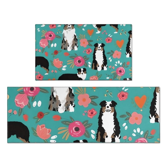 Australian Shepherd Pioneer Flower Kitchen Rugs Sets Of 2,Anti Fatigue Kitchen Mat Rugs Non Slip Washable,Decorative Kitchen Floor Mats for Kitchen,Sink,Laundry,17"x30"+17"x47"