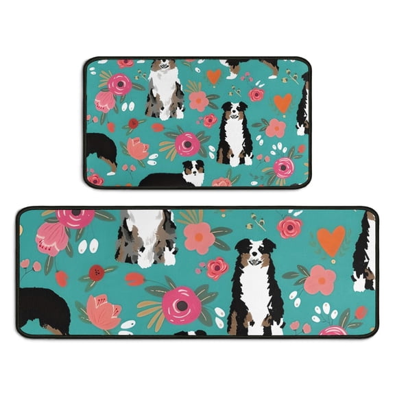 Australian Shepherd Pioneer Flower Kitchen Rugs Sets Of 2,Anti Fatigue Kitchen Mat Rugs Non Slip Washable,Decorative Kitchen Floor Mats for Kitchen,Sink,Laundry,17"X30"+17"X47"