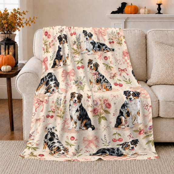 Australian Shepherd Puppy Rose Garden, Playful Pet Portrait Pattern, Warm Flannel Blanket for Living Room and Bedroom, Dog Lovers Just Because Gift, Pet Lover Home Decor