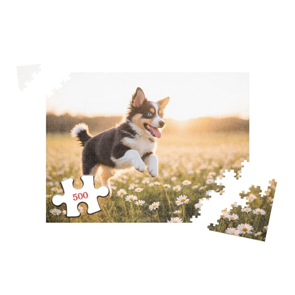 Australian Shepherd Puppy Wooden Jigsaw Puzzle 500 Pieces 20.5x15 Inch, Cute Dog Animal Theme Home Decor Relaxing Game for Adults, Fun Hobby Activity with Vibrant Daisy Field Sunset Scene