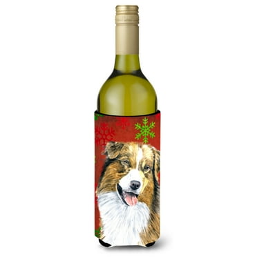 Australian Shepherd Red Green Snowflakes Christmas Wine Bottle Hugger