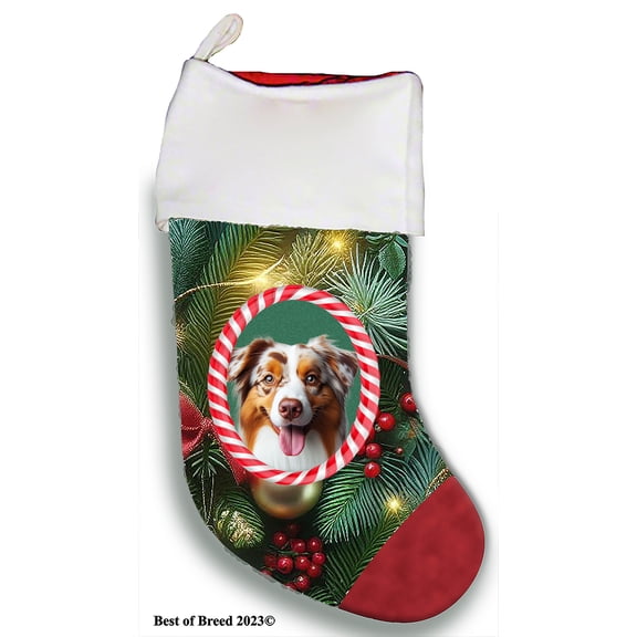 Australian Shepherd Red Merle - Best of Breed Christmas Stocking 13.5" Red Gaming Cloth with Red Lining ,Plush White Cuff